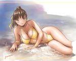 beach bikini brown_hair kisaragi_gunma lying ponytail swimsuit 