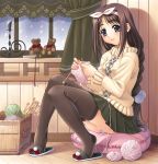  black_legwear braid hairband ikeda_yasuhiro knitting legs long_hair miniskirt original panties pantyshot pantyshot_(sitting) sandals single_braid sitting skirt sweater thigh-highs underwear very_long_hair white_panties zettai_ryouiki 