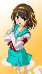  armband brown_eyes brown_hair g-tetsu highres school_uniform serafuku short_hair suzumiya_haruhi suzumiya_haruhi_no_yuuutsu yellow_eyes 