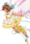  1girl 90s card_captor_sakura child kero kinomoto_sakura official_art single_thighhigh thigh-highs transparent_background wings 