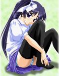  00s black_legwear blouse blue_eyes blue_hair green_panties itou_noemi leg_hold long_hair miniskirt panties pantyshot pantyshot_(sitting) ponytail school_uniform serafuku side_ponytail sitting skirt striped striped_panties thigh-highs underwear with_you 