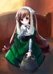  00s 1girl bangs brown_hair corset dress drill_hair flat_chest frills green_dress green_eyes hat heterochromia koowa lolita_fashion long_hair long_sleeves red_eyes ribbon rozen_maiden solo straightchromia suiseiseki twin_drills twintails very_long_hair 