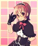  1girl adjusting_glasses black_gloves black_skirt brown_eyes brown_hair buttons capelet corset cross-laced_clothes frills glasses gloves gothic hairband kimarin lolita_hairband looking_at_viewer original red-framed_glasses shirt short_hair simple_background skirt solo underbust white_shirt 
