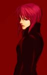  1girl coat ghost_in_the_shell kusanagi_motoko purple_hair red red_eyes short_hair simple_background solo 