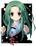  1girl forehead green_hair kantoku long_hair school_uniform serafuku smile solo suzumiya_haruhi_no_yuuutsu tsuruya 
