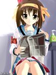  armband bathroom brown_hair newspaper school_uniform serafuku short_hair suzumiya_haruhi suzumiya_haruhi_no_yuuutsu toilet 