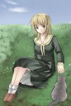  00s 1girl blonde_hair blue_eyes cat dress face footwear gonta gonta_(maria-sama) grass long_hair maria-sama_ga_miteru nakamura_kusata outdoors sailor_dress satou_sei school_uniform serafuku short_hair sitting sky socks solo 