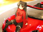  1girl car fate/stay_night fate_(series) ground_vehicle long_hair motor_vehicle red_eyes solo thigh-highs tohsaka_rin turtleneck twintails two_side_up vehicle 