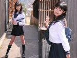  1girl asian black_socks outdoors photo school_uniform serafuku 