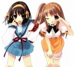  2girls ;p akanbe anna_miller armband asahina_mikuru brown_hair hair_ribbon hairband headdress itou_noiji leg_garter multiple_girls one_eye_closed orange_skirt ribbon short_hair side_ponytail skirt suzumiya_haruhi suzumiya_haruhi_no_yuuutsu tongue tongue_out v v_over_eye waitress 