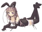  1girl animal_ears black black_gloves black_legwear breasts brown_hair bunny_girl bunny_tail choker cleavage elbow_gloves fake_animal_ears feet full_body garters gloves gothic long_hair lying medium_breasts on_stomach original petite piyodera_mucha rabbit_ears ribbon-trimmed_gloves ribbon-trimmed_legwear ribbon_trim simple_background solo tail thigh-highs violet_eyes white_background 