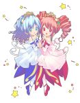  2girls :d blue_dress blue_hair choker dress drill_hair fine frills full_body fushigiboshi_no_futago_hime fushigiboshi_no_futago_hime_gyu hair_ornament interlocked_fingers looking_at_viewer mary_janes mizuki_makoto multiple_girls open_mouth pantyhose red_dress redhead rein shoes short_hair smile star star_hair_ornament tiara twin_drills twintails 