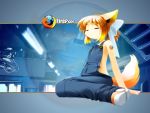  1girl androgynous animal_ears arm_support bangs blonde_hair bow buttons child closed_eyes copyright_name earphones earphones firefox flat_chest fox_ears fox_tail from_side hair_bow kitsupon letterboxed lights lolifox naked_overalls official_art orange_hair os-tan overalls personification shoes short_hair sidelocks sitting sneakers solo tail tattoo wallpaper wariza 
