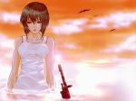  1girl dress ghost_in_the_shell gun kusanagi_motoko purple_hair red_eyes rifle short_hair solo weapon wet wet_clothes 