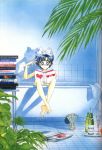  1girl 90s :o alcohol bathroom bathtub bespectacled bishoujo_senshi_sailor_moon blue_eyes blue_hair book bow claw_foot_bathtub commentary drink earrings feet glass glasses hair_bow highres jewelry legs mizuno_ami nude official_art open_book plant reading short_hair solo takeuchi_naoko towel tray wine 