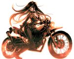  1girl bodysuit boots collar gloves ground_vehicle light long_hair monochrome motor_vehicle motorcycle open_clothes open_shirt orange_(color) shirt simple_background solo vehicle 