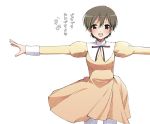  1girl brown_hair dress fujioka_haruhi open_mouth ouran_high_school_host_club outstretched_arms pantyhose short_hair simple_background smile solo spread_arms white_background white_legwear yatsune_rika 
