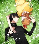  1boy 1girl black_hair black_shirt breasts brown_hair closed_eyes flower grass hair_ribbon hand_holding kanzaki_shiori kirisame_ga_furu_mori large_breasts long_sleeves lying on_back parted_lips profile red_ribbon ribbon shirt short_hair short_sleeves smile suga_koutarou turtleneck twitter_username yellow_shirt yukiblue 