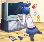  1girl blue_hair cable game_console kurogane_otome lowres object_on_head parody pencil_skirt playing_games playstation_2 product_placement short_hair skirt socks solo television translated tsuyokiss video_game what 