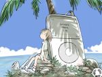  1girl clouds digital_media_player dress earphones earphones ipod island kashmir lowres original palm_tree short_hair silver_hair sitting sky socks solo tree water 