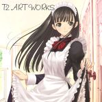  00s 1girl apron black_eyes black_hair blush bow frills genmukan indoors long_hair maid maid_apron maid_headdress original petticoat skirt skirt_lift smile solo tanaka_takayuki turtleneck watase_nozomi window 