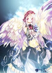  1girl albino angel_wings ascot blonde_hair bridal_gauntlets dress frills gradient_hair headdress multicolored_hair necktie purple_hair red_eyes solo sumi_keiichi wings 