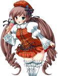  00s 1girl blush brown_hair drill_hair food green_eyes hat heterochromia ice_cream ice_cream_cone leaning_forward long_hair long_sleeves open_mouth puffy_long_sleeves puffy_sleeves red_eyes rozen_maiden shinshin simple_background solo suiseiseki thigh-highs thigh_gap twin_drills twintails very_long_hair white_background zettai_ryouiki 