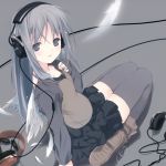  1girl angel feathers grey_eyes grey_hair headphones long_hair original ruroo silver_hair solo thigh-highs wings 