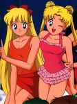  2girls 90s aino_minako arms_behind_back bishoujo_senshi_sailor_moon blonde_hair blue_eyes bow breasts casual_one-piece_swimsuit cleavage double_bun frilled_swimsuit frills hair_bow halterneck highres long_hair medium_breasts miniskirt multiple_girls official_art one-piece_swimsuit one_eye_closed pointing red_bow sailor_moon sailor_venus sarong scan skirt smile swimsuit tsukino_usagi twintails very_long_hair wink 