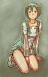  1girl boots buttons collarbone dress eureka eureka_seven eureka_seven_(series) full_body green_background green_hair hair_between_eyes jewelry kneeling long_sleeves looking_at_viewer neck_ring pomo_rosso red_eyes short_hair simple_background solo 