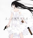  1girl black_hair dress dual_wielding edelweiss edelweiss_(inspire) gun handgun hands_on_hips jinguuji_rio long_hair revolver solo weapon white white_background 