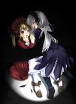  00s 2girls ankle_ribbon between_legs black_wings blonde_hair bonnet chiko_(artist) chiko_(kanhogo) darkness dress feathers full_body hairband hand_on_another&#039;s_face multiple_girls red_dress rozen_maiden shinku shoes silver_hair sitting suigintou wings you_gonna_get_raped yuri 