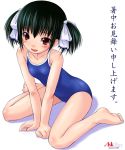  1girl :d arm_support barefoot black_hair blush bosshi child competition_school_swimsuit doujinshi erect_nipples feet flat_chest hair_ribbon highres kneeling leaning_forward legs one-piece_swimsuit open_mouth original red_eyes ribbon school_swimsuit shadow short_hair short_twintails simple_background small_breasts smile solo swimsuit translation_request twintails yu_(bosshi) 