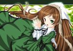  00s 1girl :d arm_garter blush brown_hair dress frills green_background green_dress green_eyes head_scarf heterochromia long_hair long_sleeves looking_at_viewer open_mouth parted_lips rozen_maiden simple_background smile solo straightchromia suiseiseki very_long_hair 