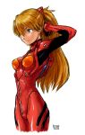  1girl adjusting_hair arm_up bangs blue_eyes bodysuit bracer breasts cowboy_shot from_side gloves hair_ornament hair_over_one_eye latex light_smile neon_genesis_evangelion orange_hair plugsuit redhead signature simple_background small_breasts smile solo souryuu_asuka_langley turtleneck white_background 