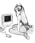  1girl animal_ears asahina_mikuru cat_ears cat_tail dragon_quest famicom fishnet_pantyhose fishnets game_console kittysuit masakichi_(heppouku) monochrome nintendo pantyhose playing_games solo suzumiya_haruhi_no_yuuutsu tail video_game 