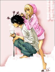  1boy 1girl amane_misa bags_under_eyes black_hair blonde_hair cuffs death_note denim happy hill jacket jeans l_(death_note) pants pink_clothes single_shoe tea 