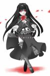  1girl alcot black_hair dress flower frills gothic komi_zumiko long_hair looking_at_viewer maya_(triptych) monochrome petals red_eyes rose simple_background solo spot_color thigh-highs triptych white_background 