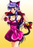  1girl animal_ears arm_garter armpits bare_shoulders bell blue_hair blush bow breasts cat_ears cat_tail choker cleavage cosplay crossover dress elf female gloves gradient gradient_background jewelry jingle_bell leotard long_hair magical_girl mew_ichigo mew_ichigo_(cosplay) necklace nerine open_mouth pointy_ears purple_hair red_eyes red_gloves sandgarden shuffle! solo strapless strapless_dress tail tail_bell tokyo_mew_mew very_long_hair yellow_background 