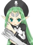  00s 1girl black_hat blush demonbane dress elf elsa facial_mark female forehead_mark green_eyes green_hair gun hat holding holding_weapon long_hair long_sleeves looking_at_viewer lowres open_mouth pointy_ears shiny shiny_hair simple_background solo upper_body weapon white_background 
