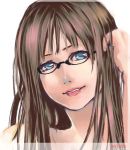  1girl :p bare_shoulders blue_eyes brown_hair glasses long_hair solo tongue tongue_out 
