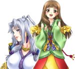  2girls arshtat_falenas blue_eyes breasts brown_hair detached_sleeves earrings erect_nipples gensou_suikoden gensou_suikoden_v happy iyou japanese_clothes jewelry large_breasts lipstick long_hair lymsleia_falenas makeup mother_and_daughter multiple_girls necklace orange_eyes silver_hair yukkyun 