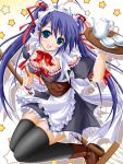  1girl :d akimoto_dai blue_eyes blue_hair breasts cleavage maid mop open_mouth original smile solo star thigh-highs twintails zettai_ryouiki 