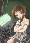  90s brown_eyes brown_hair cable camisole chemise flat_chest hair_ornament hairclip iwakura_lain monitor serial_experiments_lain tears 