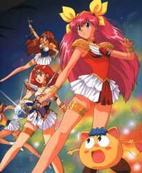  4girls 90s angel_daisy angel_lily angel_peach angel_salvia armor bow bracelet choker dress garters gold_armor hanasaki_momoko heart highres ichiishi_sayuri jama-p_(wedding_peach) jewelry magical_girl multiple_girls official_art pink_hair rapier redhead scarlet_ohara scepter sword tamano_hinagiku tanima_yuri wand weapon wedding_peach wings yellow_bow 