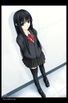  1girl black_hair blazer kirishima_satoshi long_hair school_uniform solo thigh-highs 