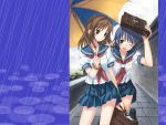  2girls bag blue_hair brown_hair matsuryuu multiple_girls rain school_bag school_uniform serafuku umbrella 