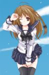  1girl brown_eyes brown_hair kubyou_azami long_hair miniskirt original school_uniform serafuku skirt sky solo thigh-highs wink zettai_ryouiki 