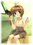  1girl 90s :o antenna_hair brown_hair card_captor_sakura child green_eyes hammer kinomoto_sakura kodansha mutsuki_(moonknives) nail shorts sleeveless solo 