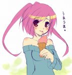  1girl bare_shoulders blush food food_on_face heart ice_cream ice_cream_cone komi_zumiko licking off_shoulder original pink_hair redhead soft_serve solo sweater 